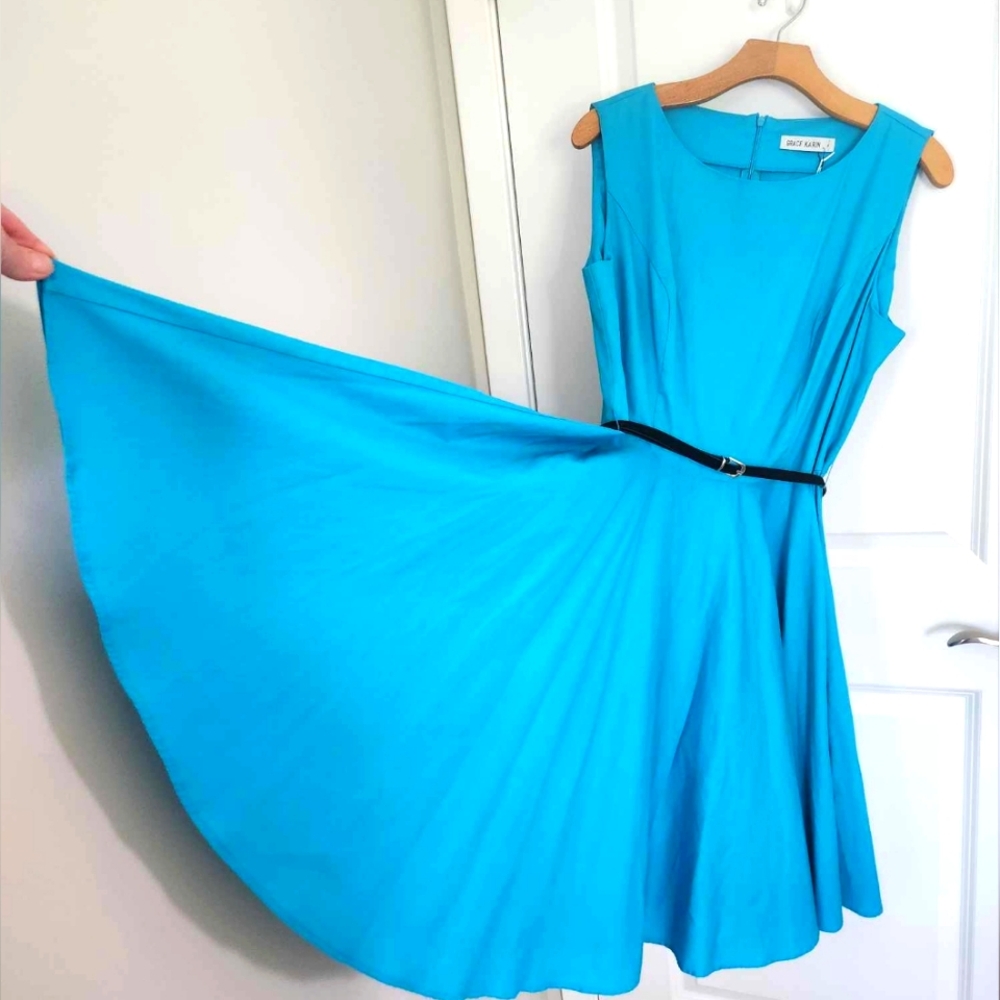 Pretty Grace Karin turquoise belted dress